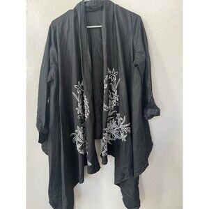 Grace Elements 100% Linen Cardigan Size XL 12 Boxy Embroidered Open Waterfall